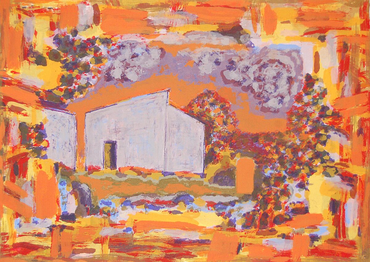 Rolf Hansson serigrafi med abstrakt landskap och hus i varma orange och gula toner