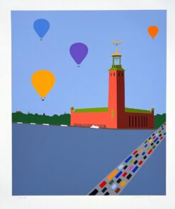 KG Nilson grafiskt blad med Stockholms Stadshus och färgglada luftballonger mot ljusblå himmel.