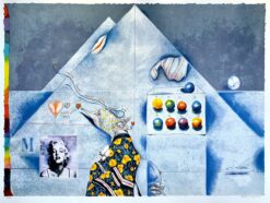 Ardy Strüwer Blå drömpyramid grafik i blå toner med pyramid, färgstarka sfärer, surrealistiska detaljer och Marilyn Monroe-porträtt