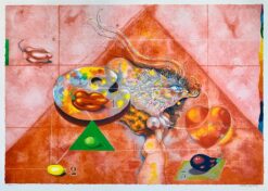 Ardy Strüwer Röd drömhägring grafik med surrealistiskt motiv, färgstark fågel, hjärta och geometriska former i röda toner