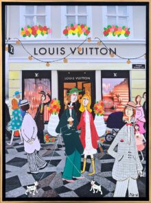 Marika Lang Louis Vuitton – färgstarkt stadsmotiv med människor utanför Louis Vuitton.