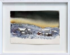 Lars Lerin, akvarell, vinterlandskap, Vinter skymning, svensk konst, skymningsljus, snötäckta hus målning, nordisk vinterkonst, samtida akvarell, stilla naturmotiv
