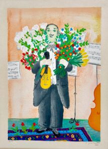 Litografi av Lennart Jirlow föreställande en violinist i frack med blombuketter, noter och instrument i bakgrunden.