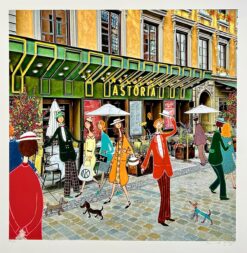 Grafiskt verk av Marika Lang med färgstarka människor och hundar framför Astoria i livlig stadsmiljö.