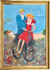 Originalmålning av Karl Höglund med ett par på cykel i blommande sommarlandskap, färgstark figurativ konst med tema kärlek och samhörighet.