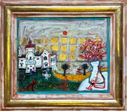Färgstark målning av Ian Rusth med fantasifullt motiv av badvik, byggnader och blomster i expressiv stil
