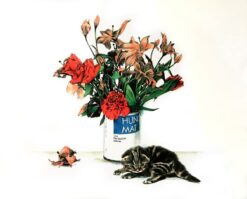 Lasse Åberg litografi Hundmat med kattmotiv och blomsterbukett i humoristisk popkonst