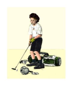 Humoristisk litografi av Lasse Åberg med golfmotiv och popkulturella detaljer.