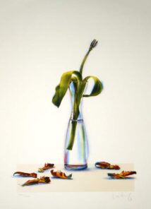 Lasse Åberg litografi Före detta tulpan med vissen blomma i glasvas och minimalistiskt stilleben