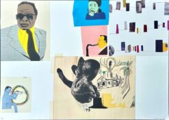 Jockum Nordström grafik Jazz med jazzmusiker, collageelement, porträtt, abstrakta former och surrealistiska motiv i färg och svartvitt.