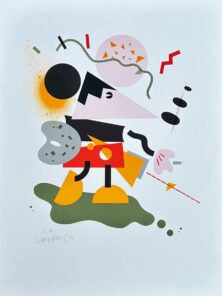 Lasse Åberg Musekonst litografi från 1992 med geometriskt abstraherad Musse Pigg i färgstark komposition