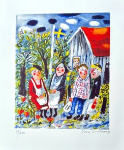 Sven Lidberg litografi Flaggdag med personer samlade utanför hus med svensk flagga, blommande trädgård och färgstarkt sommarmotiv.